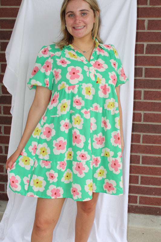 Floral Tiered Dress-Green