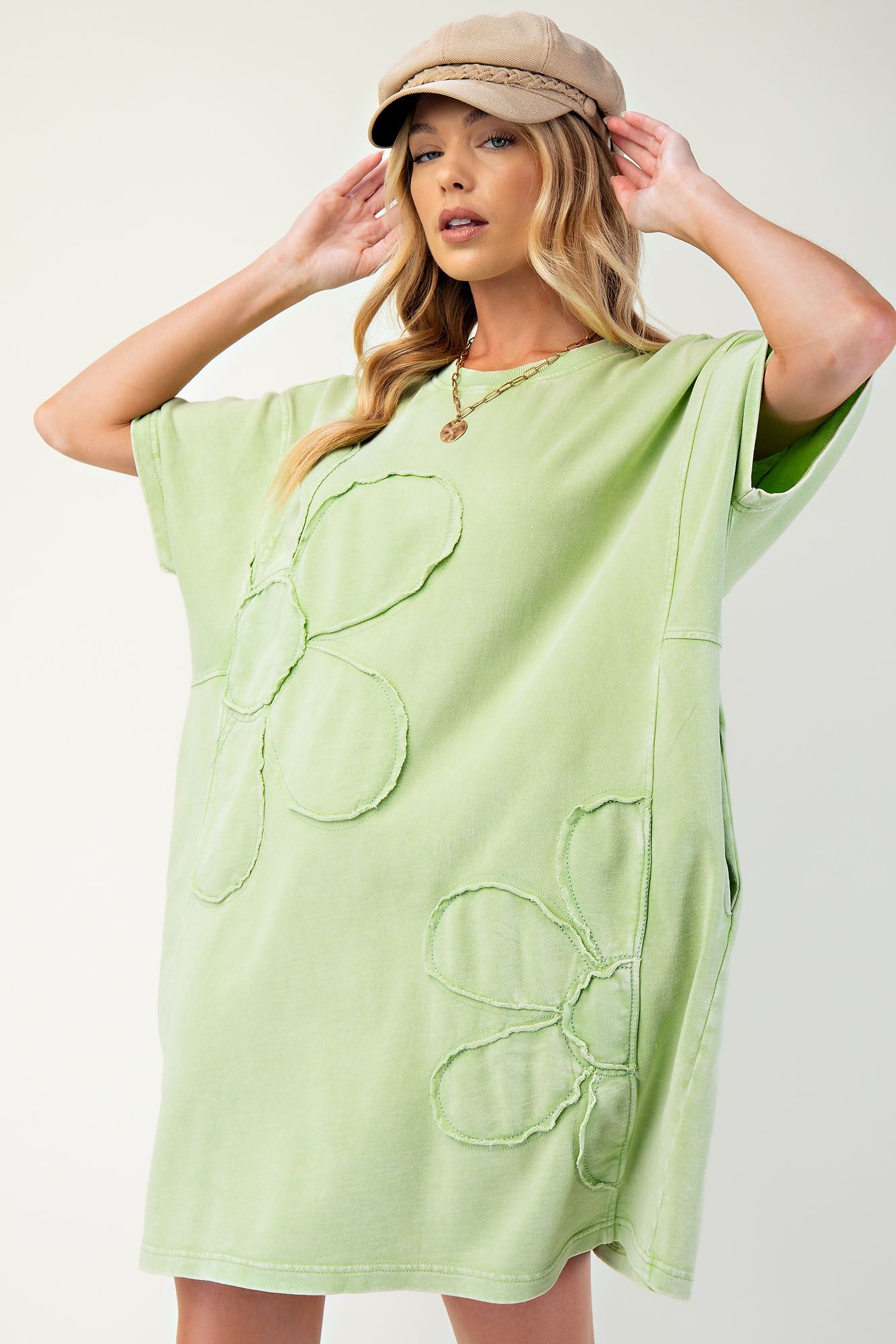 Floral Me T Shirt Dress-Apple Green Spotted Butterfly Floral Me T Shirt Dress-Apple Green Spotted Butterfly