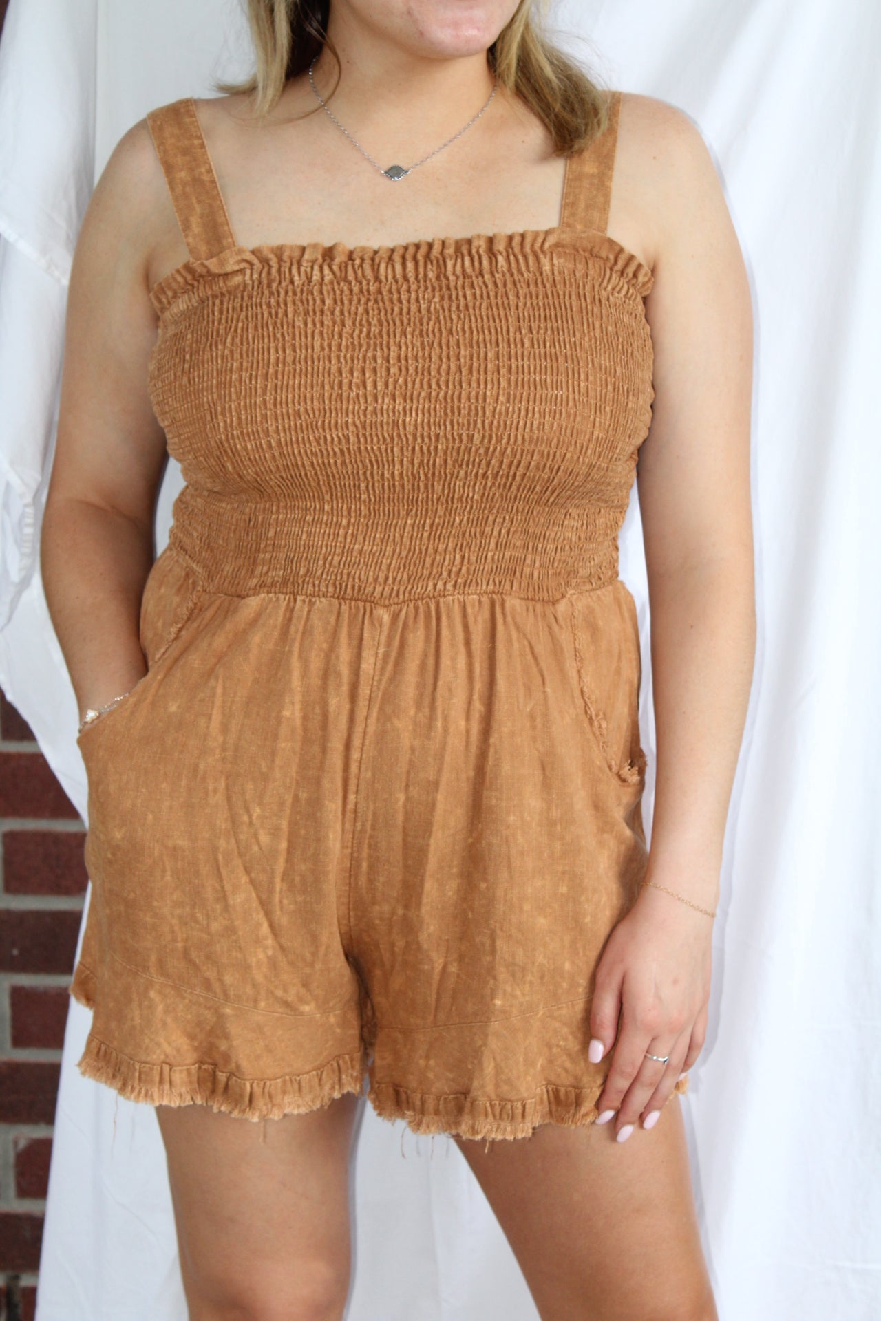 Smocked Romper-Wood